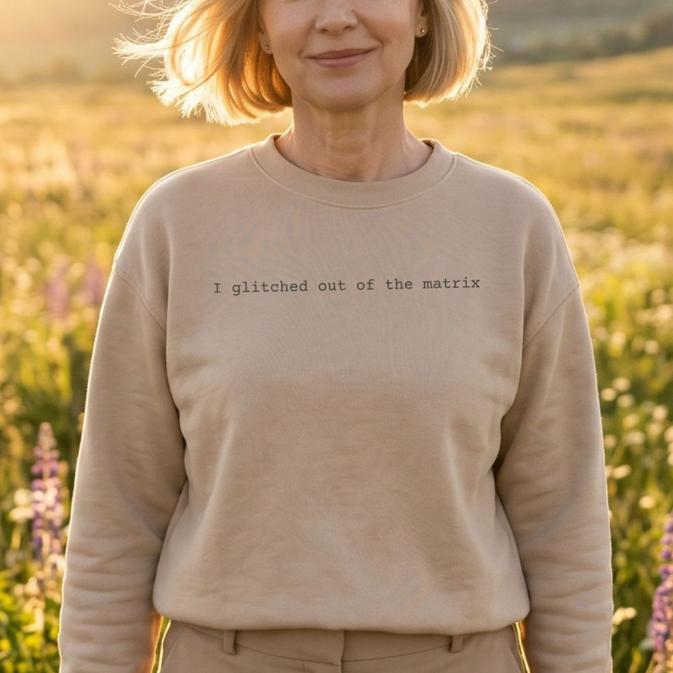 Woman wearing Sand "I Glitched Out of the Matrix" Minimalist Spiritual Awakening Sweatshirt