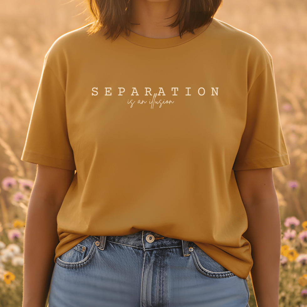 Woman wearing mustard The "Separation is an Illusion" Minimal Spiritual Awakening Shirt for Women by Visual Awakening Art