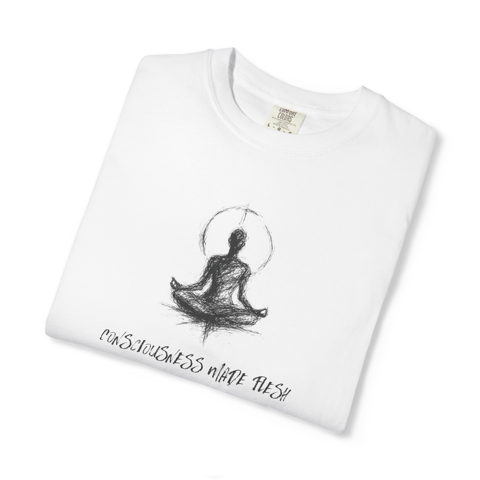 Folded white "Consciousness Made Flesh" Metaphysical t-shirt for women with scribbled meditating figure.