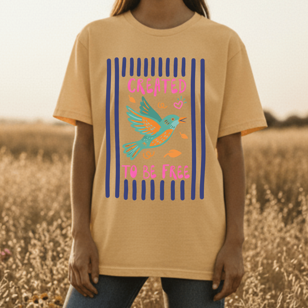 Woman wearing Butter Retro Striped Frame "Created to Be Free" Shirt with bird
