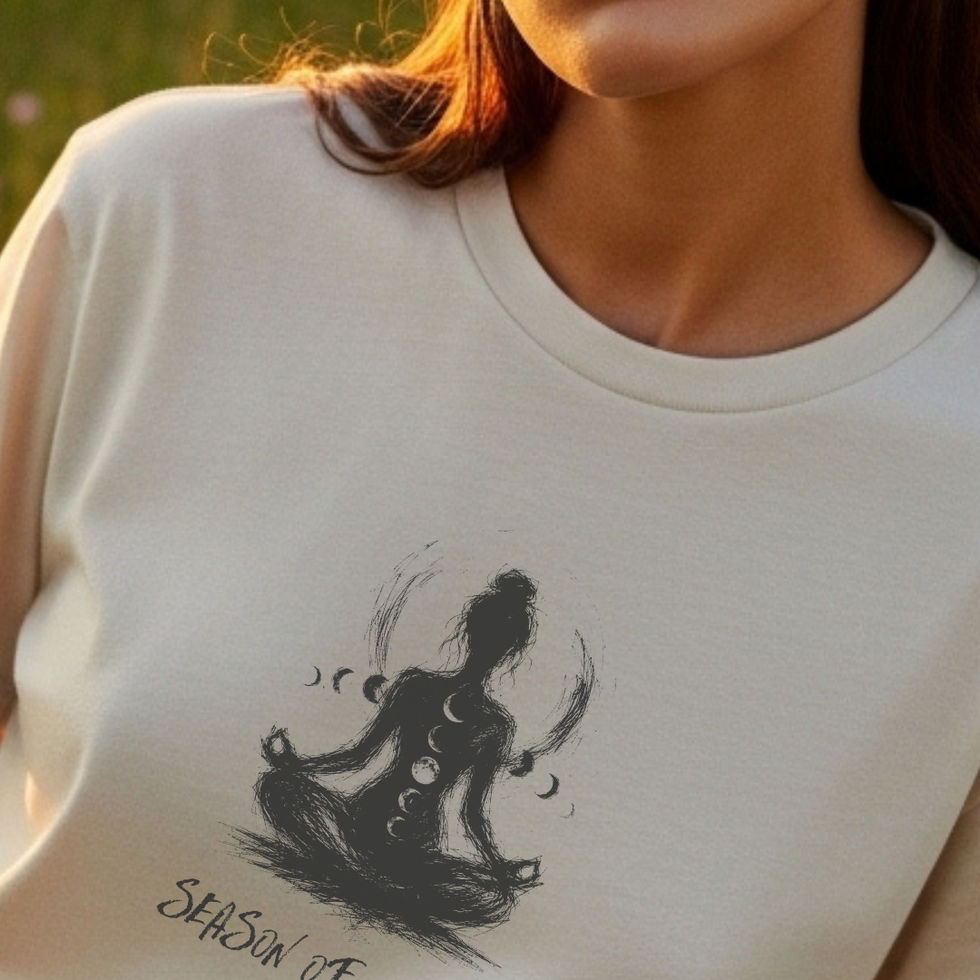 Ivory consciousness t-shirt for women featuring a artistic meditating figure surrounded by moon phases