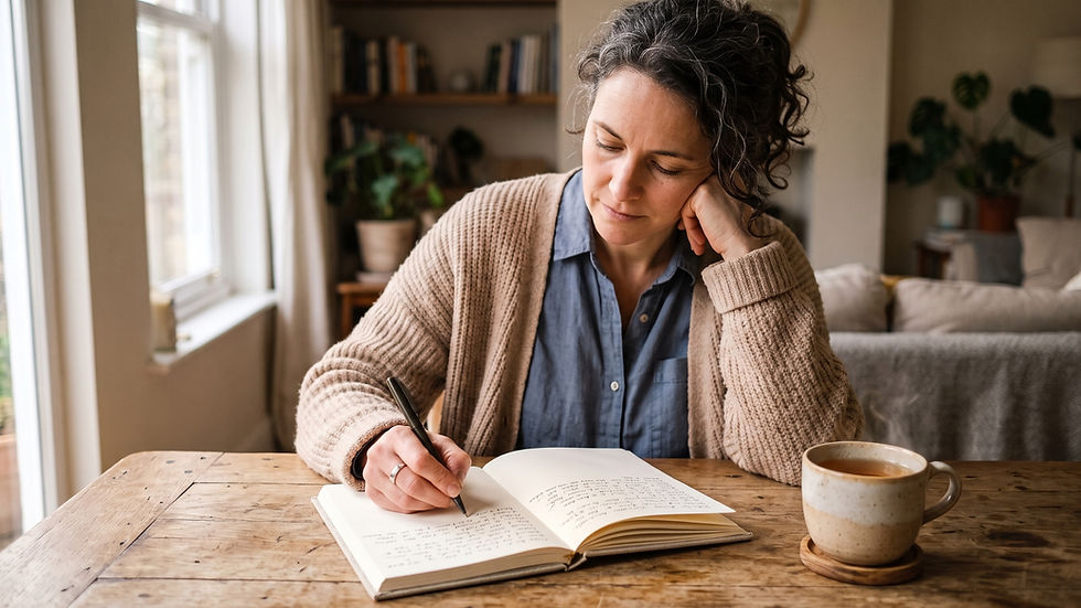 Woman sitting with a journal and a warm cup of tea, reflecting on her spiritual awakening journey