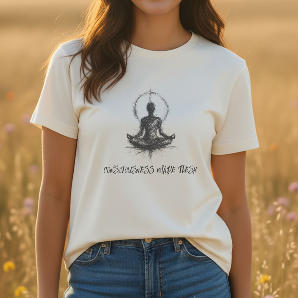 Woman wearing ivory "Consciousness Made Flesh" Metaphysical t-shirt for women with scribbled meditating figure.