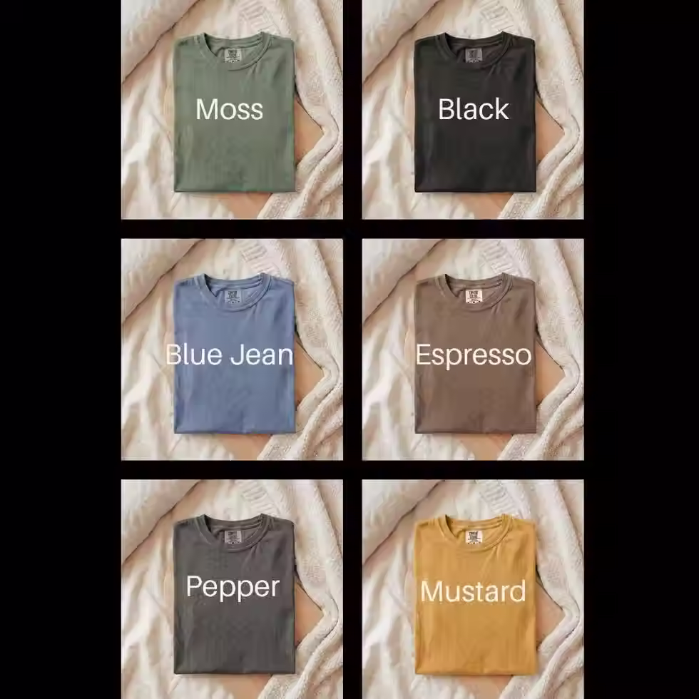Available colors, moss, black, blue jean, espresso, pepper and mustard
