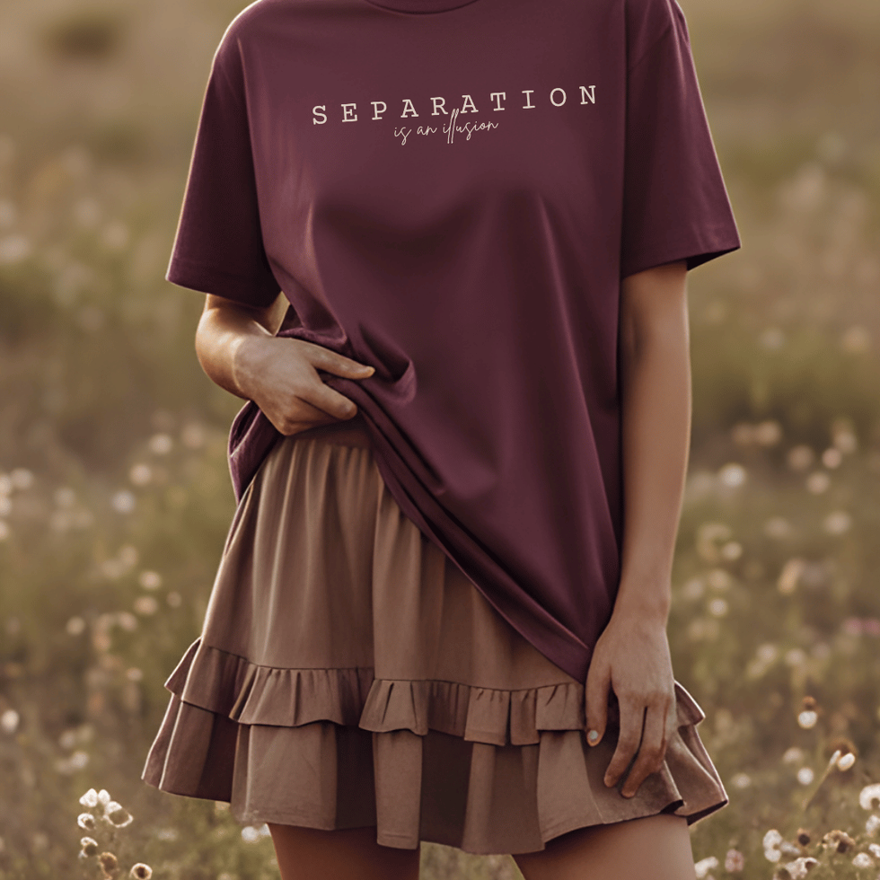 Woman wearing berry The "Separation is an Illusion" Minimal Spiritual Awakening Shirt for Women by Visual Awakening Art