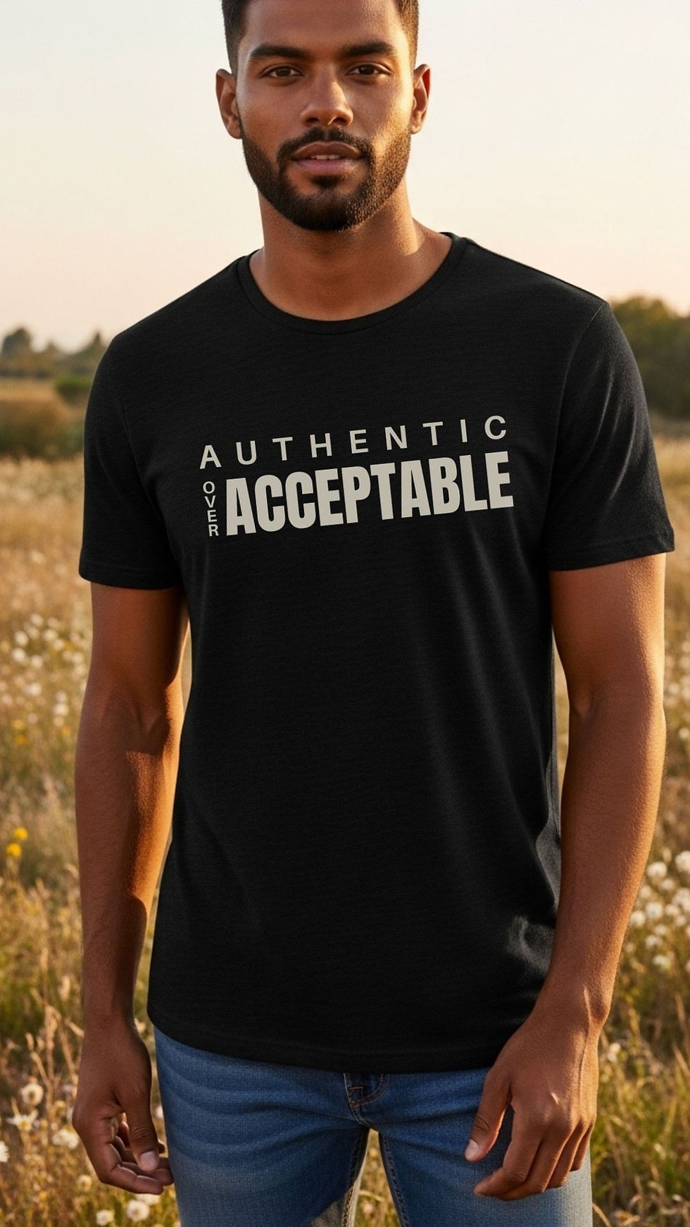 Man wearing black Authentic Over Acceptable Minimalist Spiritual T-Shirt for Men
