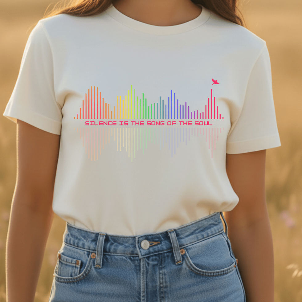 Woman wearing natural beige Silence Is The Song of The Soul" Spiritual Shirt for Women