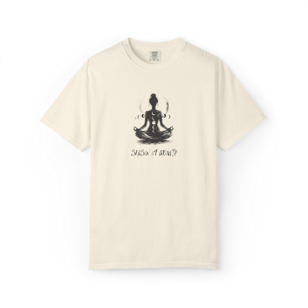 Ivory consciousness t-shirt for women featuring a artistic meditating figure surrounded by moon phases