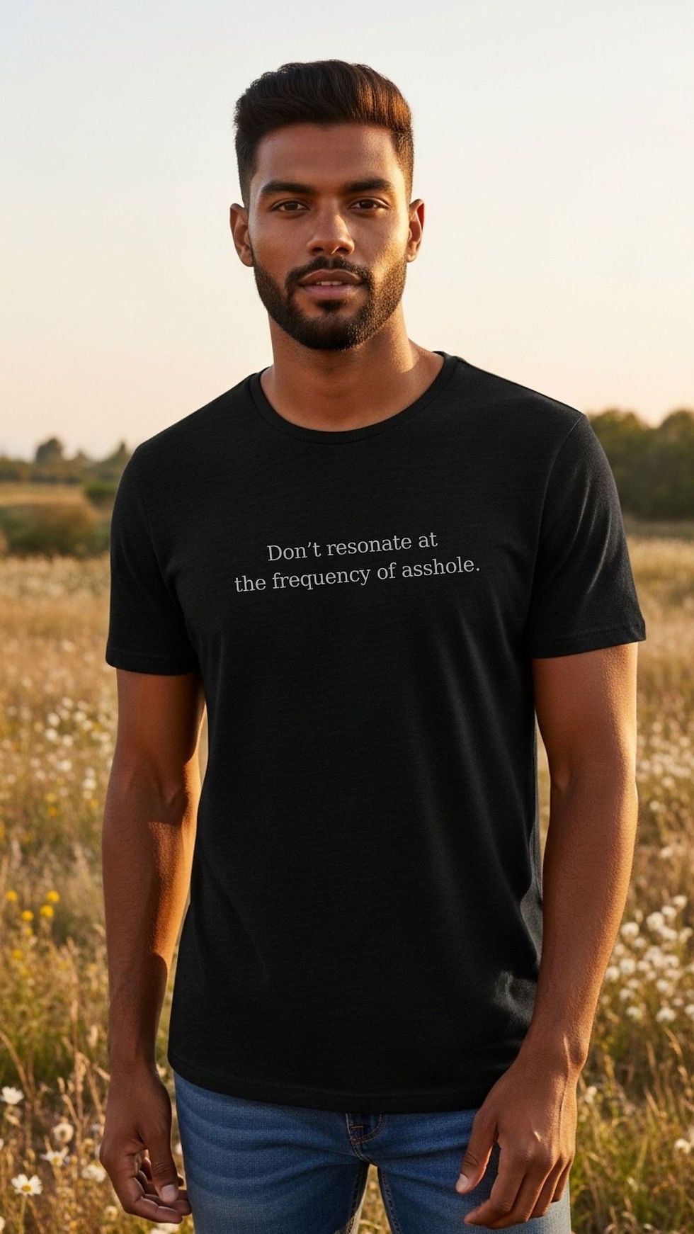 Man wearing “Don’t Resonate at the Frequency of Asshole” Humorous Spiritual T-Shirt for Men in black