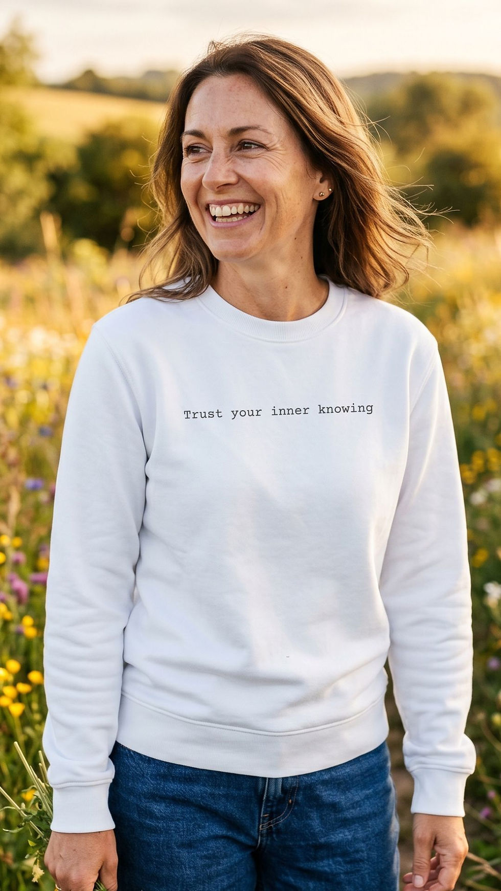 Woman wearing white "Trust Your Inner Knowing" Minimalist Spiritual Sweatshirt_Visual Awakening Art