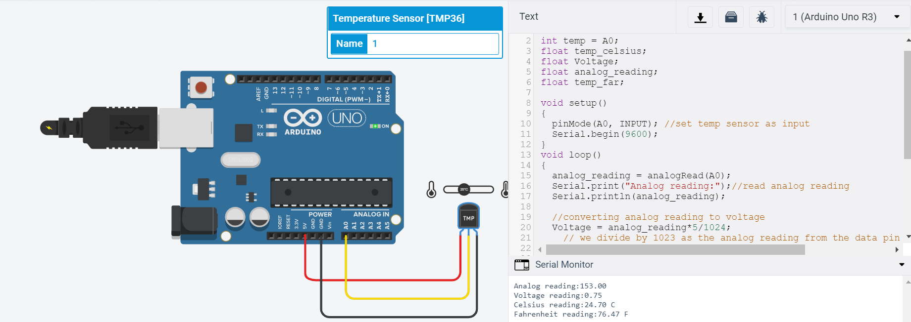 Interfacing Temperature Sensor with Arduino using TinkerCAD - Project Code