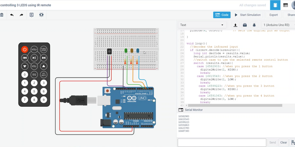 Controlling LEDs using IR Remote and Arduino UNO on TinkerCAD