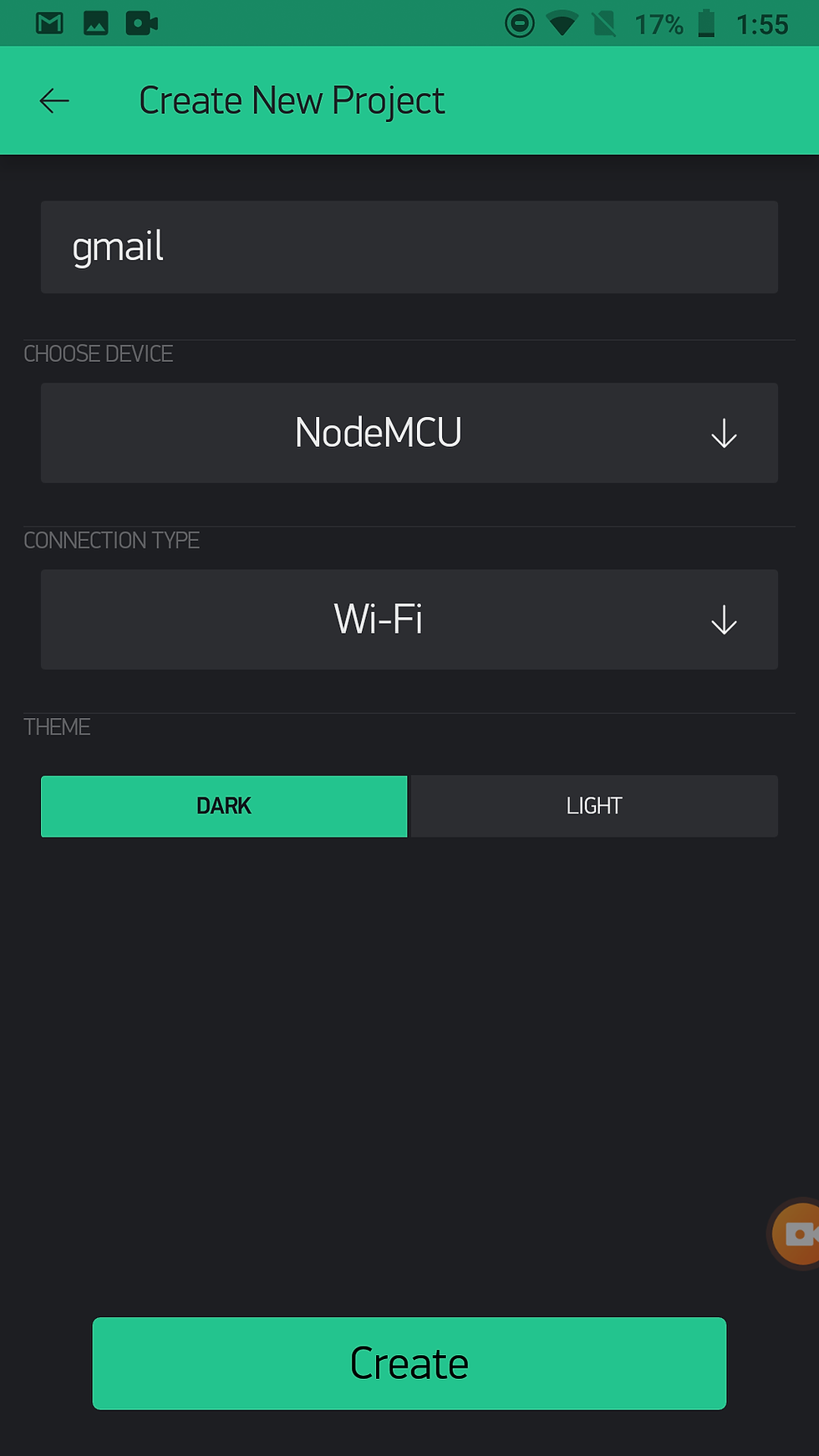 New Project Menu on Blynk App