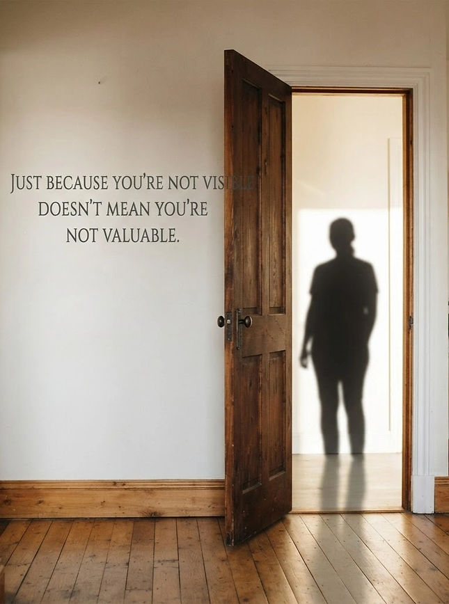 Create an image of an open door with the shadow of a person standing in the doorway. Add t