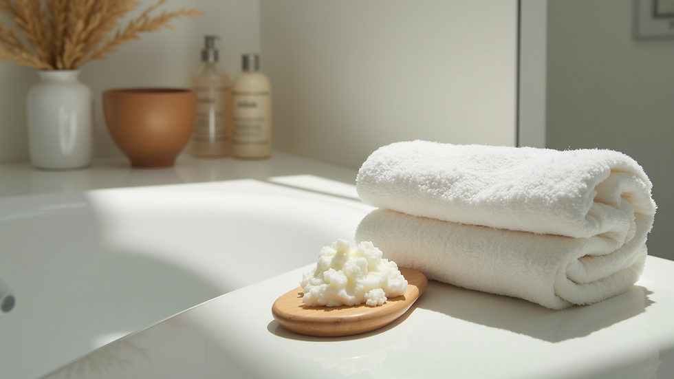 High angle view of exfoliating scrub and towel on bathroom counter