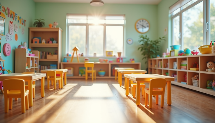 Eye-level view of a colorful early childhood classroom with learning materials and toys neatly arranged