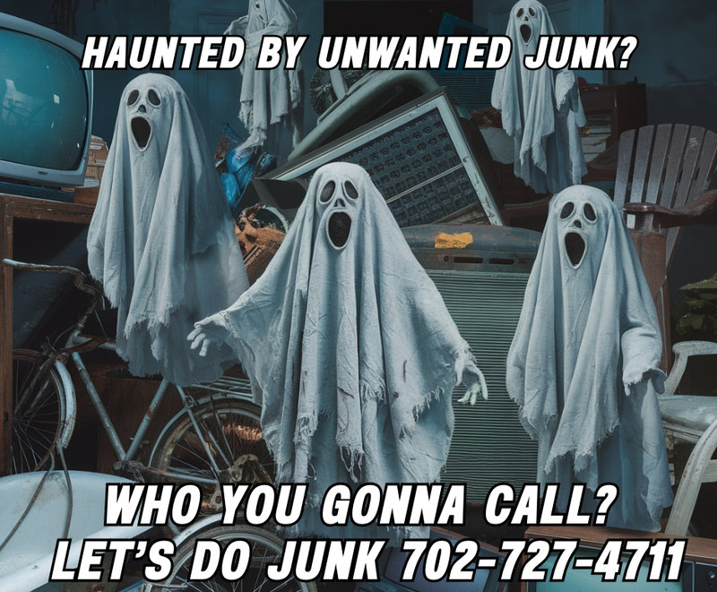 Ghosts in front of old household junk: Haunted by junk? Who you gonna call? Let's Do Junk.