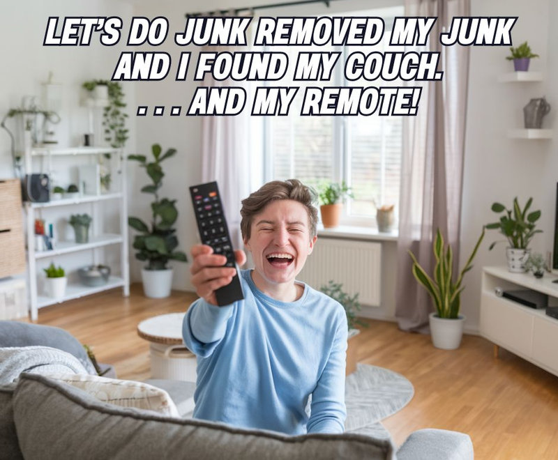 Junk removal meme: when you finally found your couch and remote control.