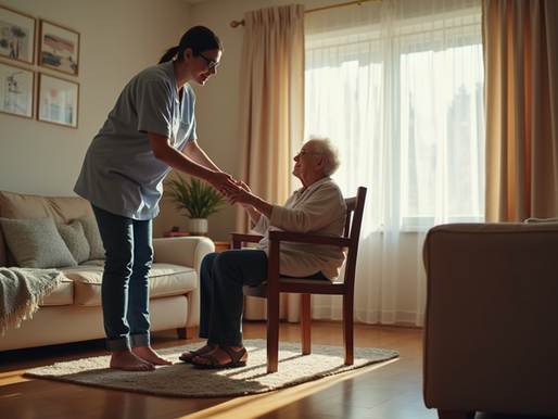 Caregiver helping an elderly client get up from a chair