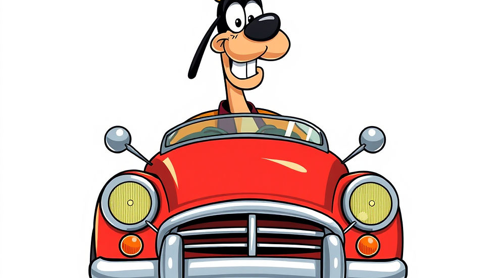 Cartoon character in a car