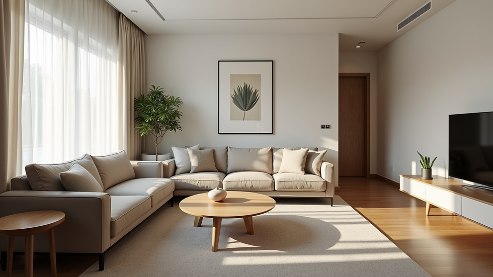 High angle view of a tidy living room with safety modifications