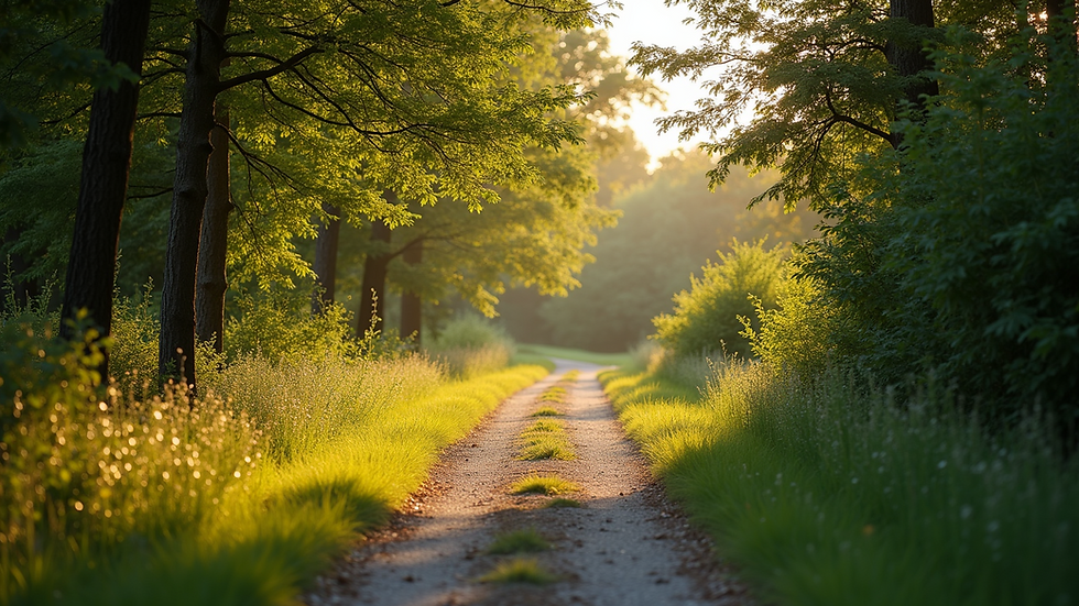 Wide angle view of a peaceful walking trail in nature