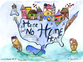 A lunchbox note of a United States of America with houses on top and the words Hate Has No Home Here