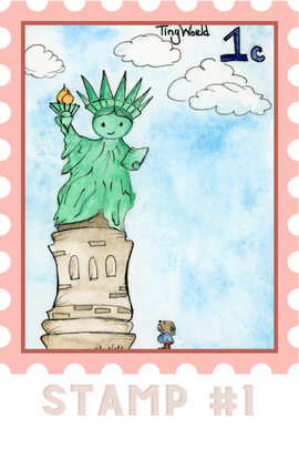 watercolor stamp of a little character staring up at the Statue of Liberty