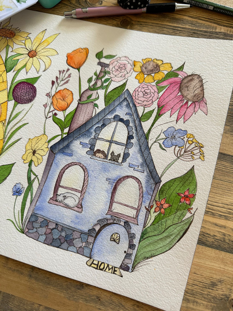 A Watercolor House Painting of a cozy cottage with Wildflowers