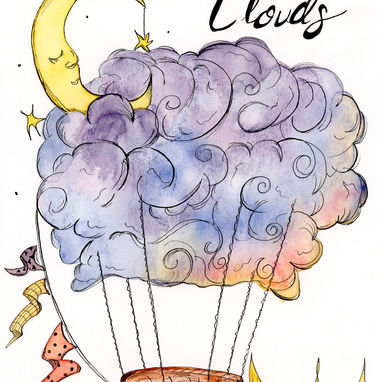 a watercolor hot air balloon in the shape of clouds.