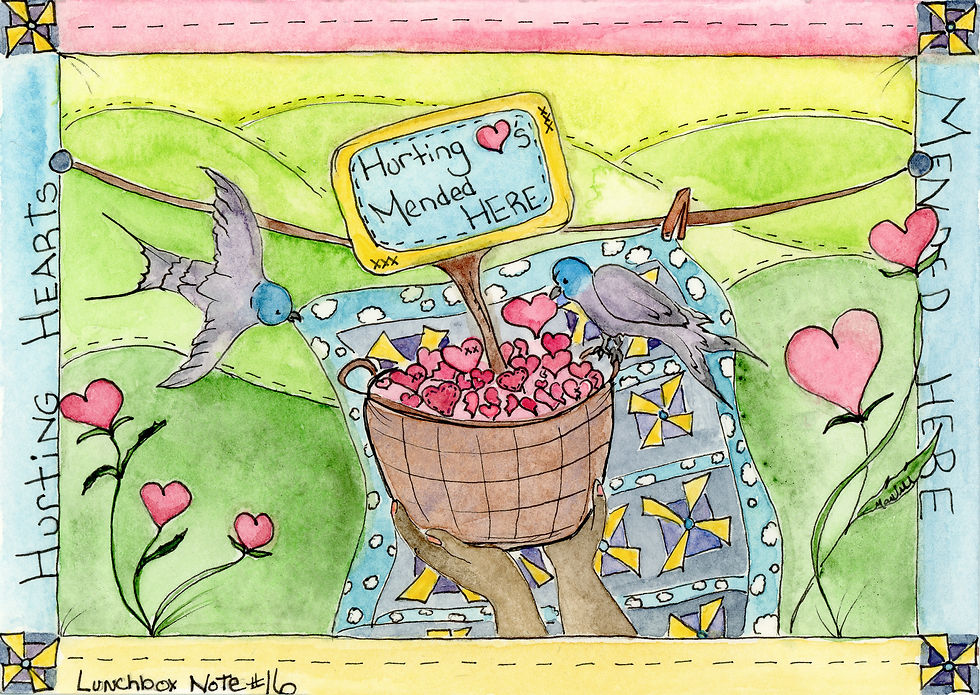 Two birds with a basket of hearts on a quilt. Sign reads "Hurting Hearts Mended Here." Background features green hills, colorful quilt.