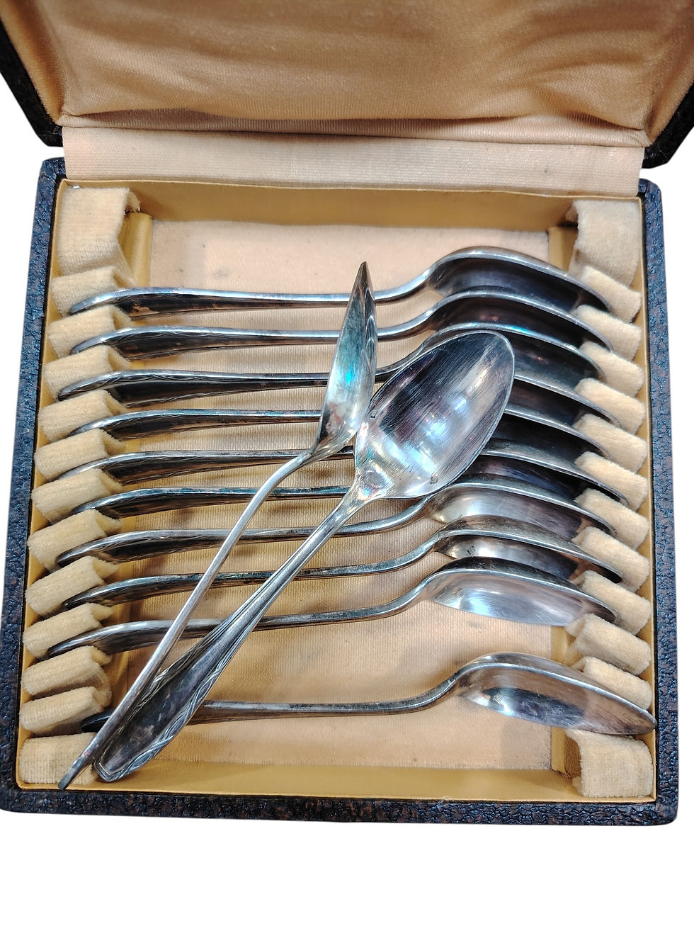 Miniature : Ménagère de 12 cuillères à café en métal argenté – Écrin d'origine L. Lesieur Vierzon