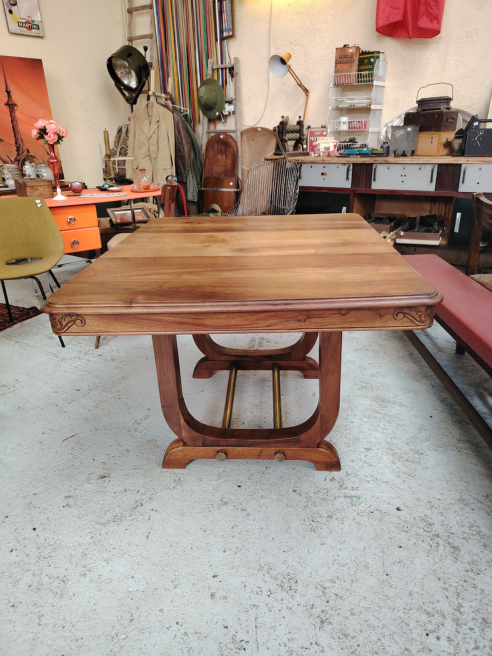 Miniature : Table de salle à manger Art Déco à système d'extensions – Bois massif et Laiton