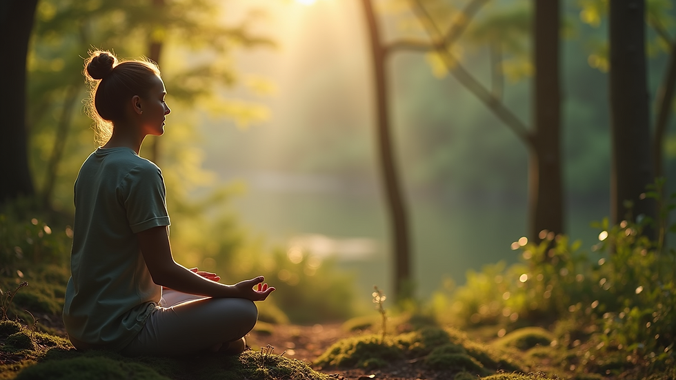 Close-up view of a person meditating in a serene forest setting