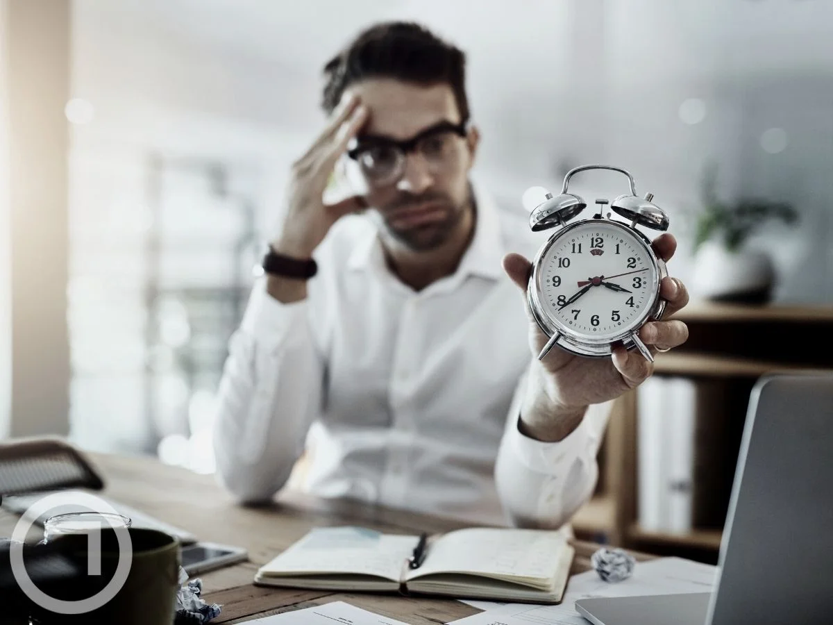 A disturbed man holding an alarm clock in his hand