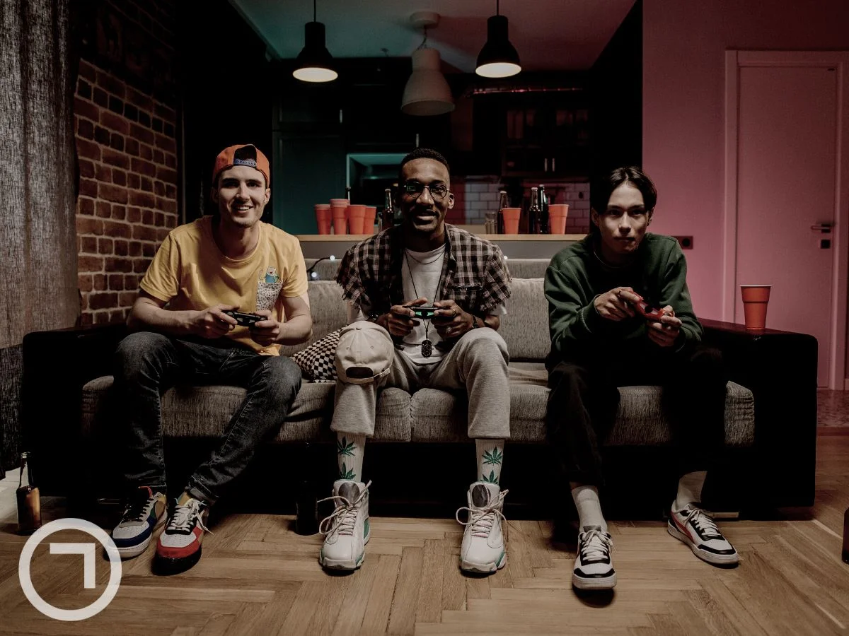 Three friends playing video games