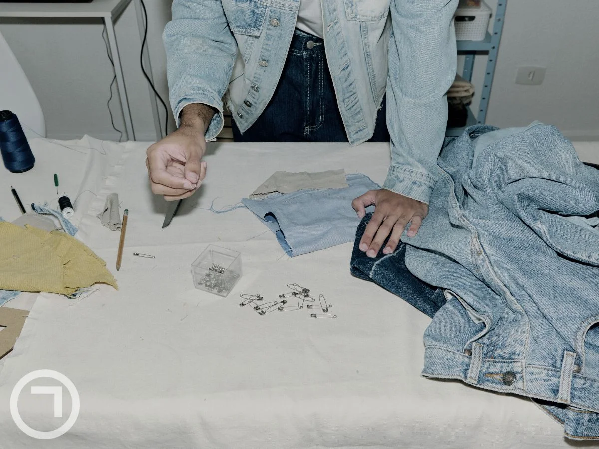 A denim in its stitching process