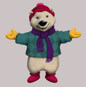 Personagem mascote urso polar, vestido com roupas de tricô. Criado para Tricofest.