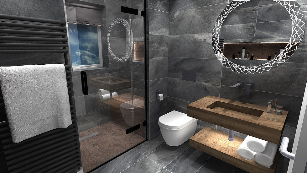 Antea's ensuite design with walk-in shower, floating toilet, wood-finished sink and shelvi