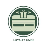 A light green icon of a loyalty card, gift box, and stars on a dark green circular background with a thin green border.