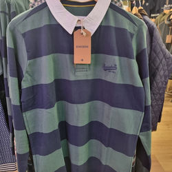 Brakeburn rugby-style striped shirt in navy and muted green
