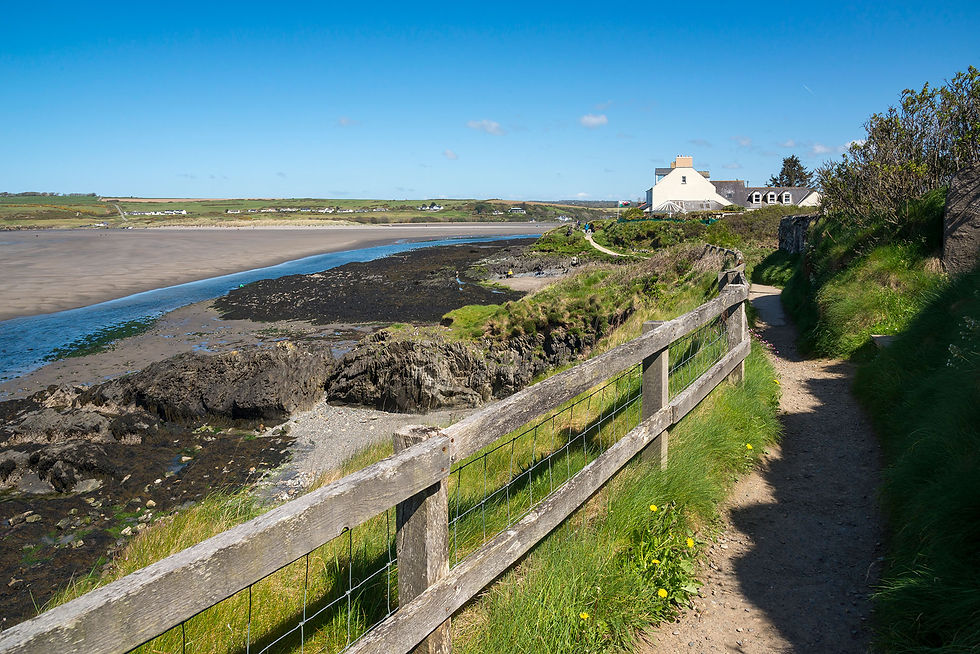 A sunny day at Newport Parrog with view from the coast path across the river to Newport sa