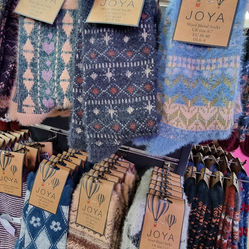 Joya patterned wool-blend socks on display at Moulton Nurseries
