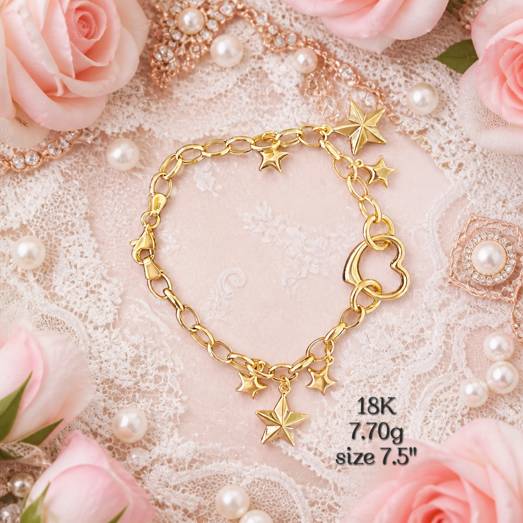 18K Star and Heart Charm Bracelet 7.5"