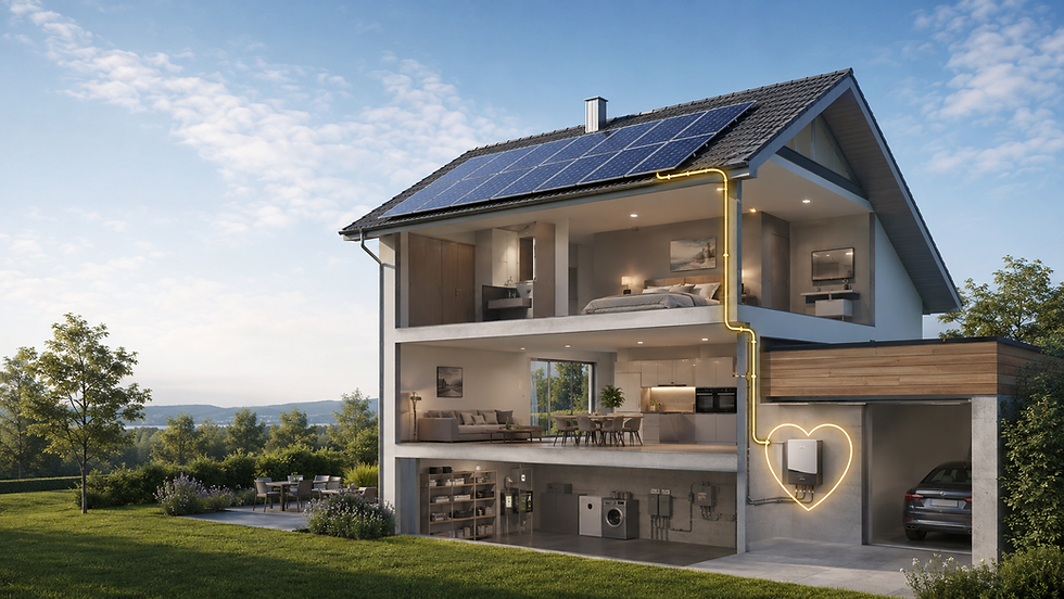 Průřez rodinným domem s fotovoltaickými panely na střeše a střídačem jako srdcem FVE systému