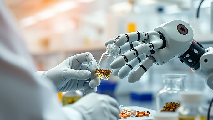 creating a medication based on herbs and chemicals laboratory setting with robots hands ma