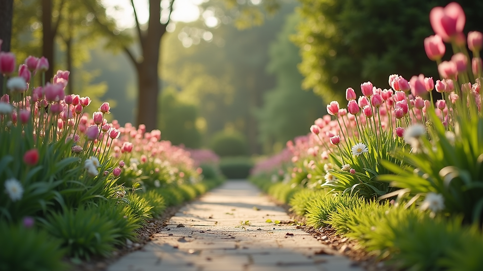 Eye-level view of a peaceful garden path surrounded by blooming flowers