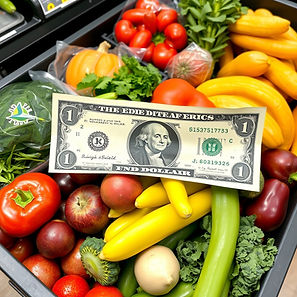 stretch a dollar bill over a grocery bin of fruit and vegetables make the dollar bill look