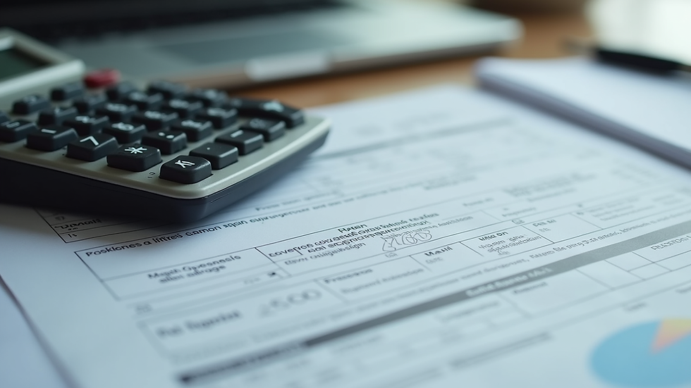 Close-up view of calculator and tax forms on a desk