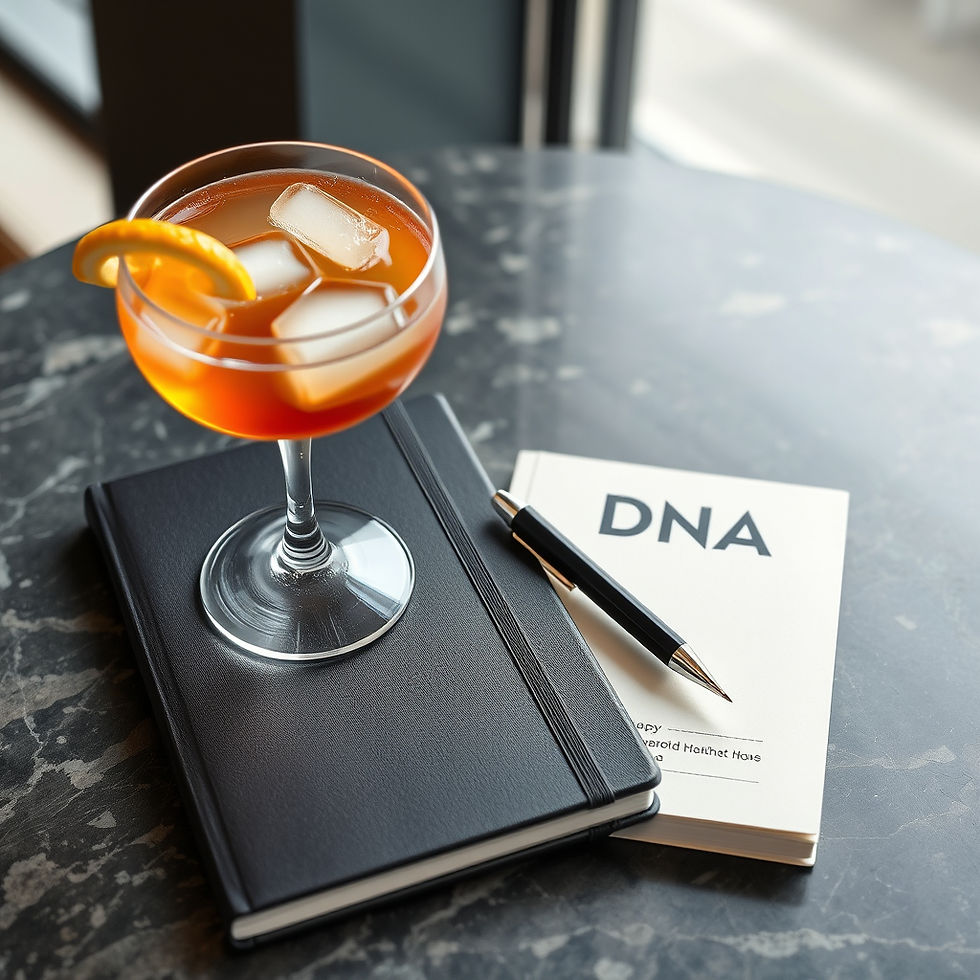 Photo of a cocktail and a Brand DNA journal with pen on a table.jpg
